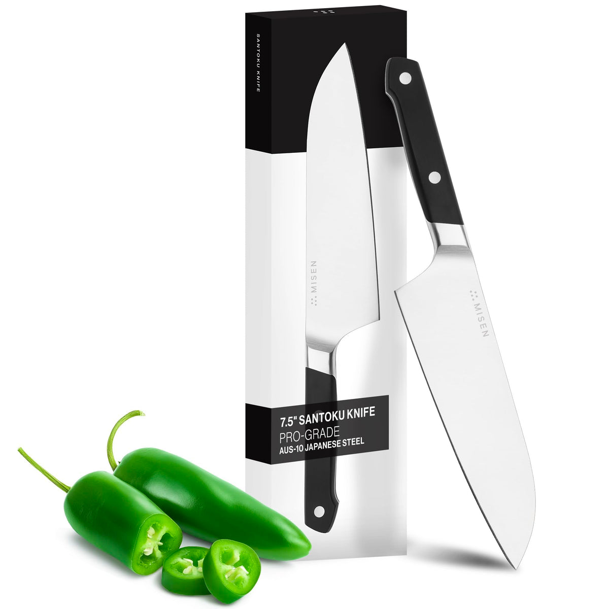 Misen Santoku knife blade close-up with a sharp 7.5-inch edge for precise slicing.