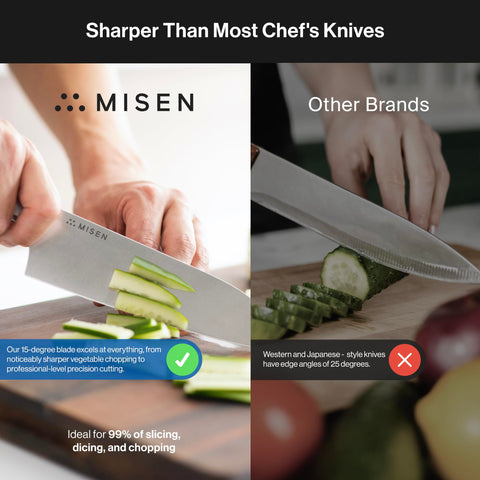 Misen Santoku knife handle shown for a balanced, comfortable grip.