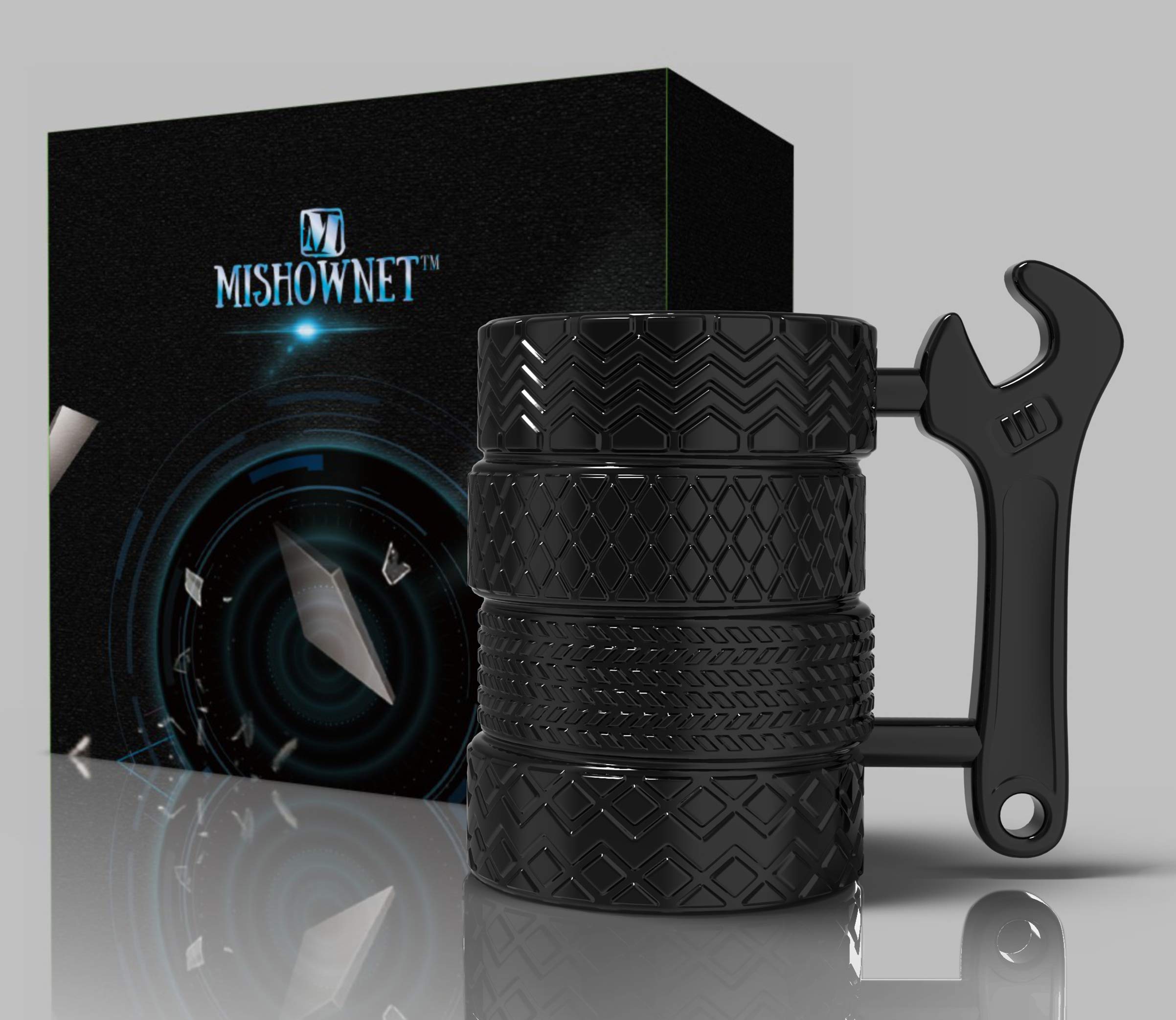 MISHOWNET tire mug back view highlighting its unique automotive style.