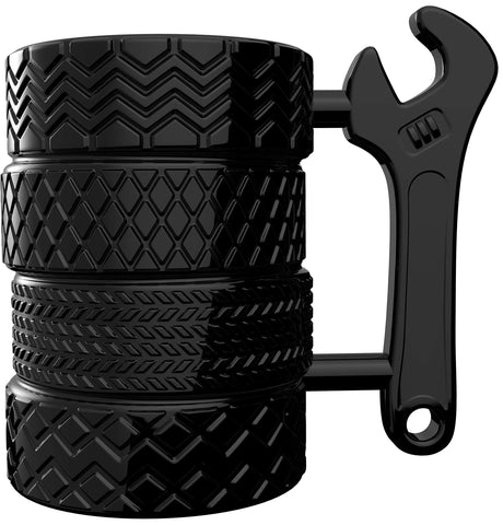 MISHOWNET tire mug front view showing stacked tire design for car lovers.
