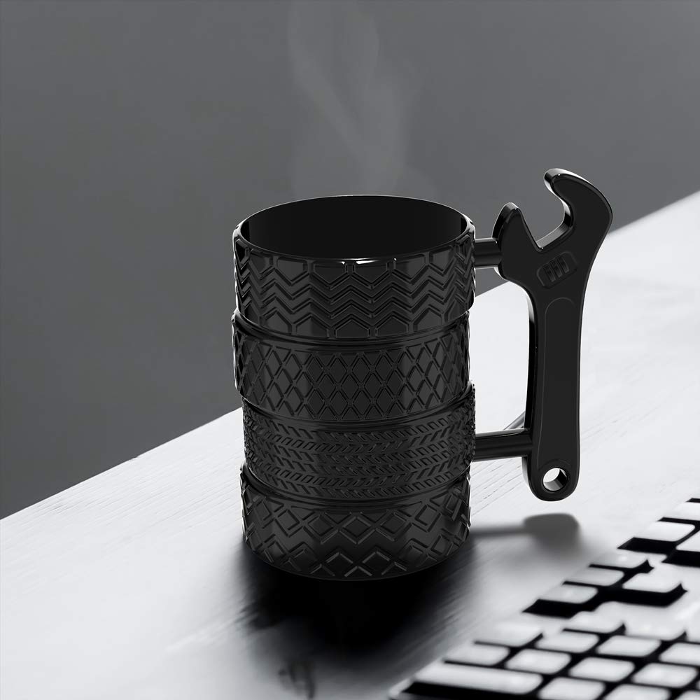 MISHOWNET tire mug handle detail features a practical wrench-inspired grip.
