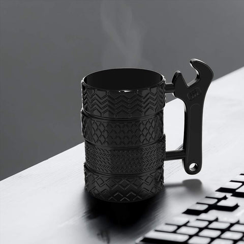 MISHOWNET tire mug handle detail features a practical wrench-inspired grip.