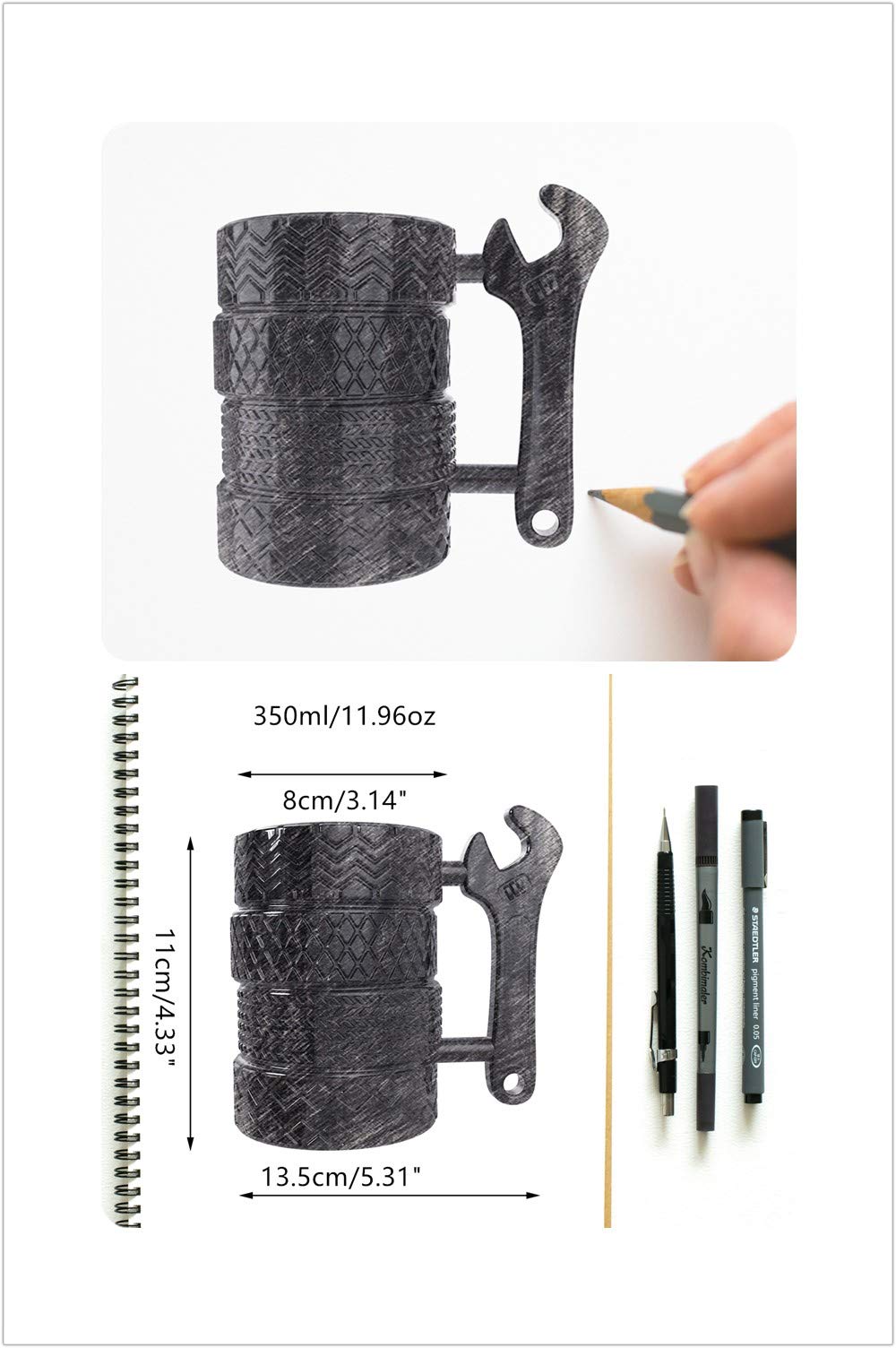 MISHOWNET tire mug with wrench-shaped handle for easy lifting during coffee breaks.