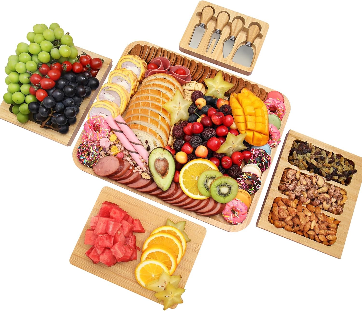 Miskoey bamboo cheese board with magnetic trays stays securely connected for easy serving.