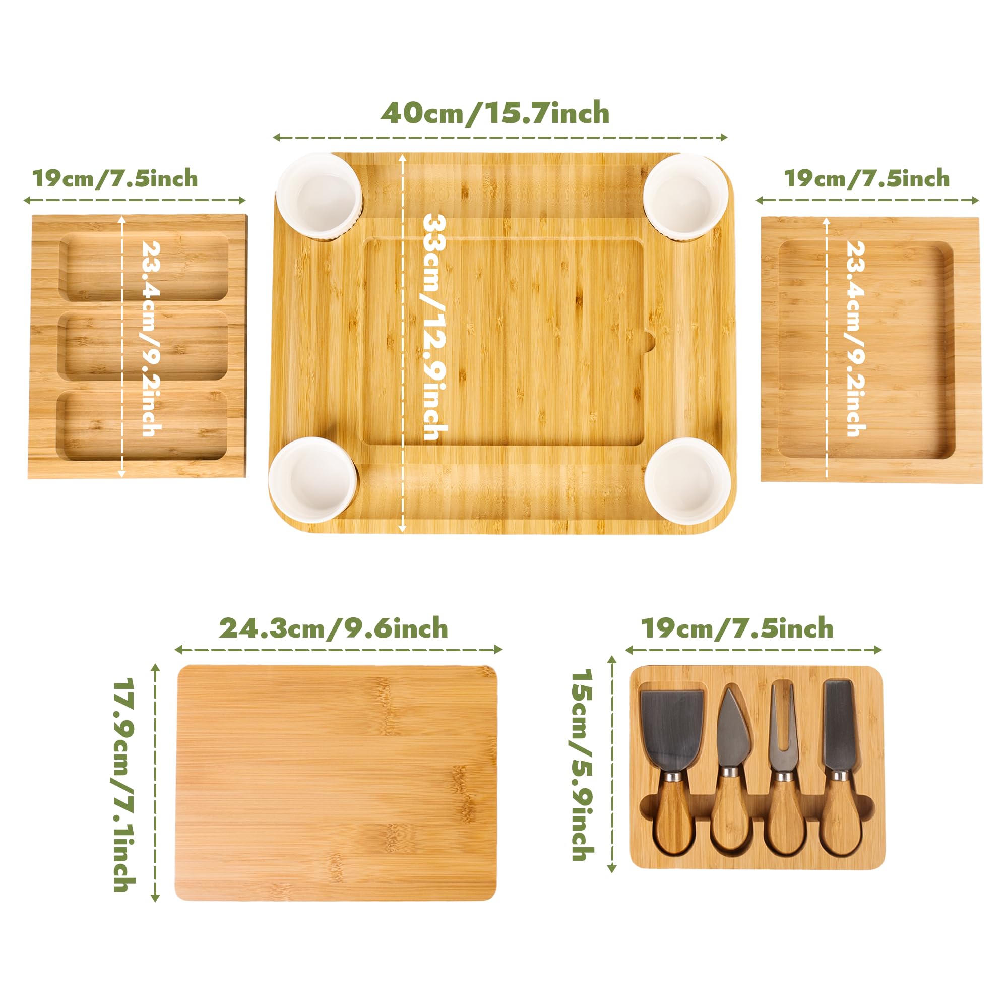 Miskoey charcuterie board set with four knives for easy serving.