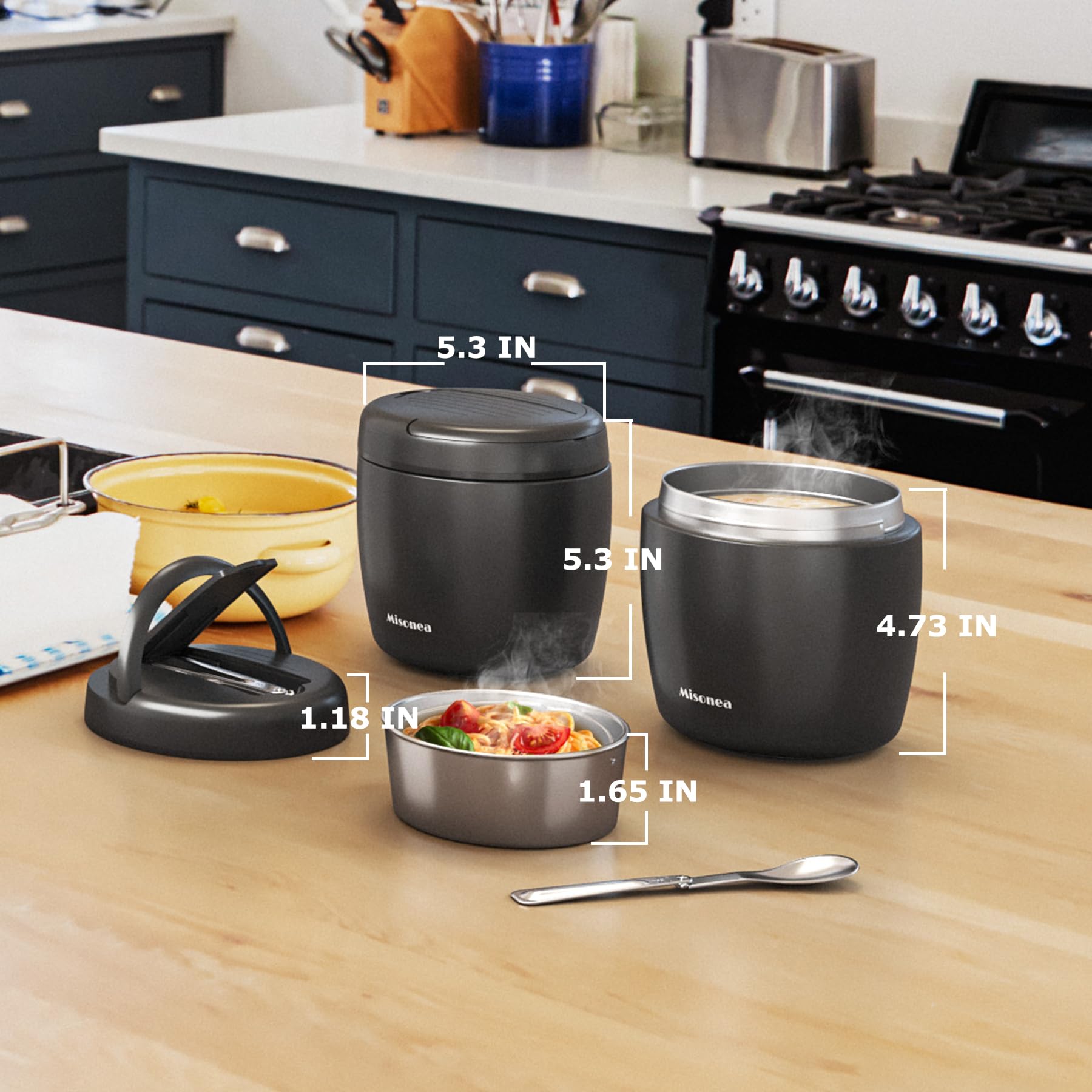 Misonea Thermo hidden handle and folding spoon add portable convenience.