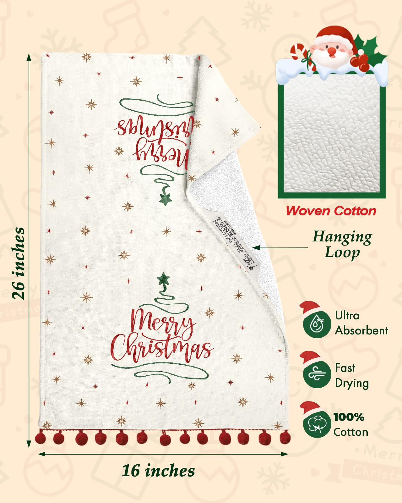 Miss Adola Christmas towel suited for dish drying and countertop wiping during holidays.