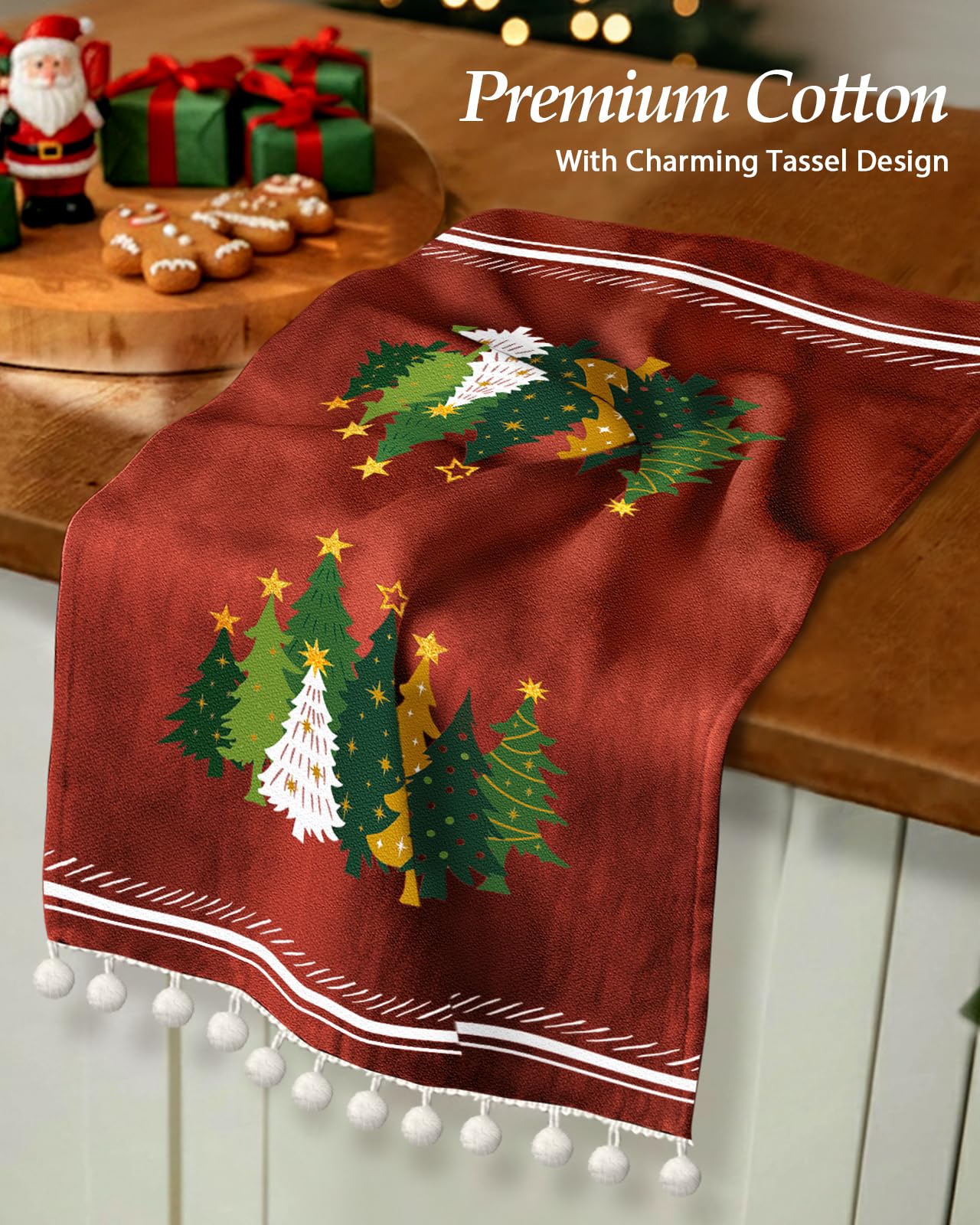 Miss Adola Christmas towel featuring a tree motif brightens countertop decor