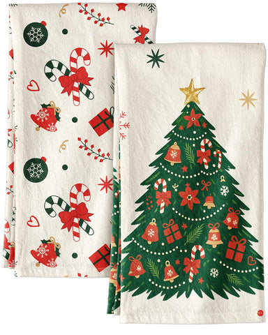 Miss Adola flour sack towel with Christmas tree design enhances festive kitchen decor