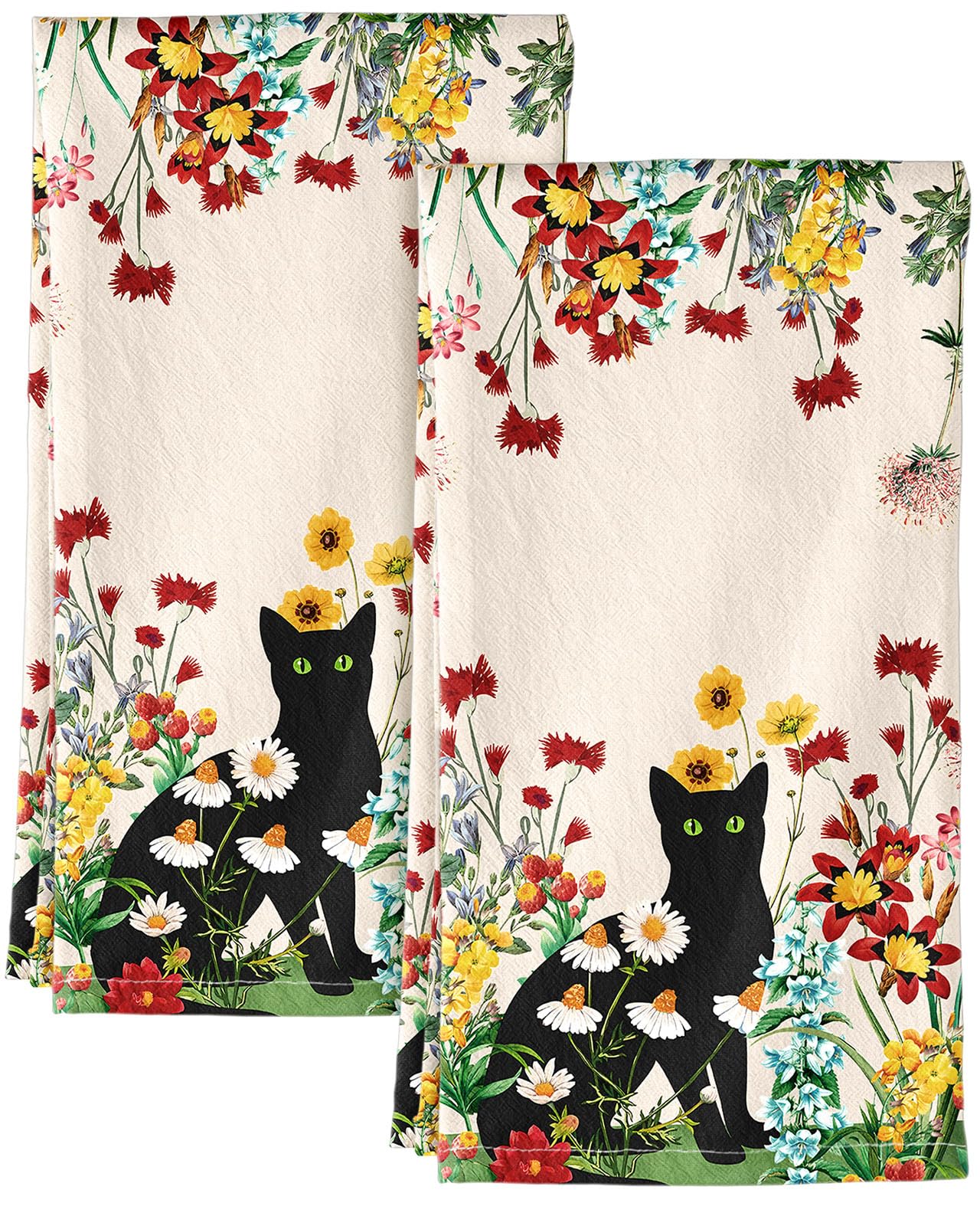 Miss Adola flour sack towels with floral-cat pattern for decorative kitchen cleaning and drying.