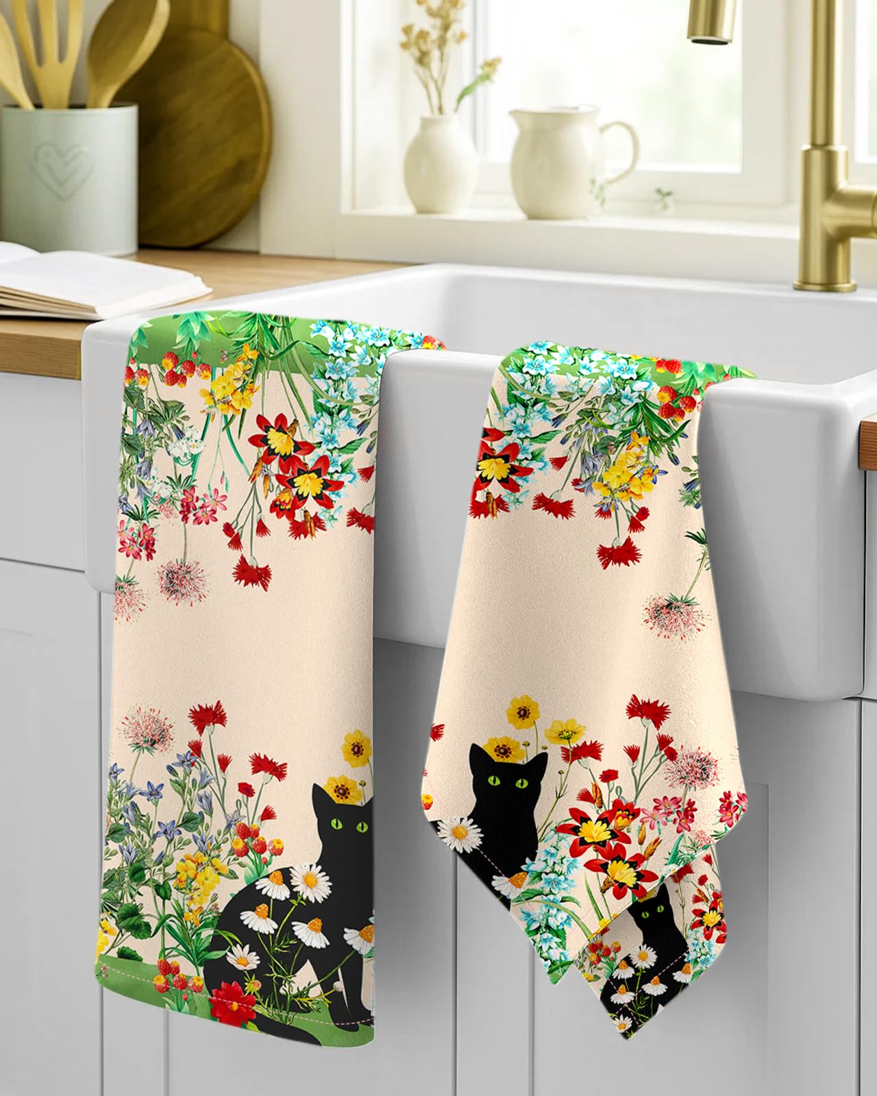 Miss Adola kitchen towels with hanging loop for easy access and quick drying.