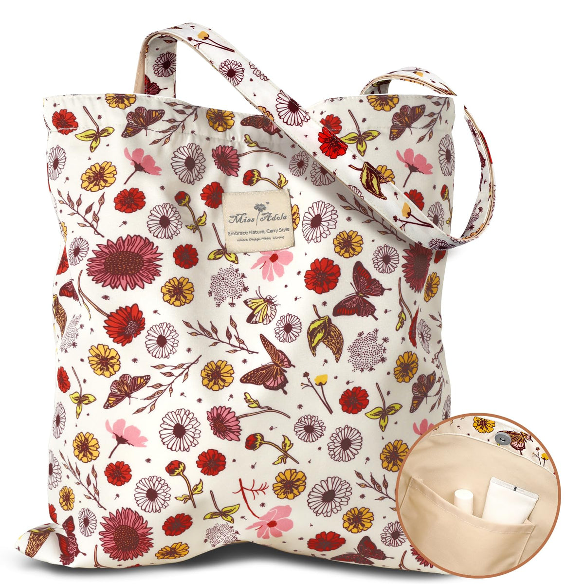 Miss Adola tote bag with butterfly-flower motif for daily shopping.