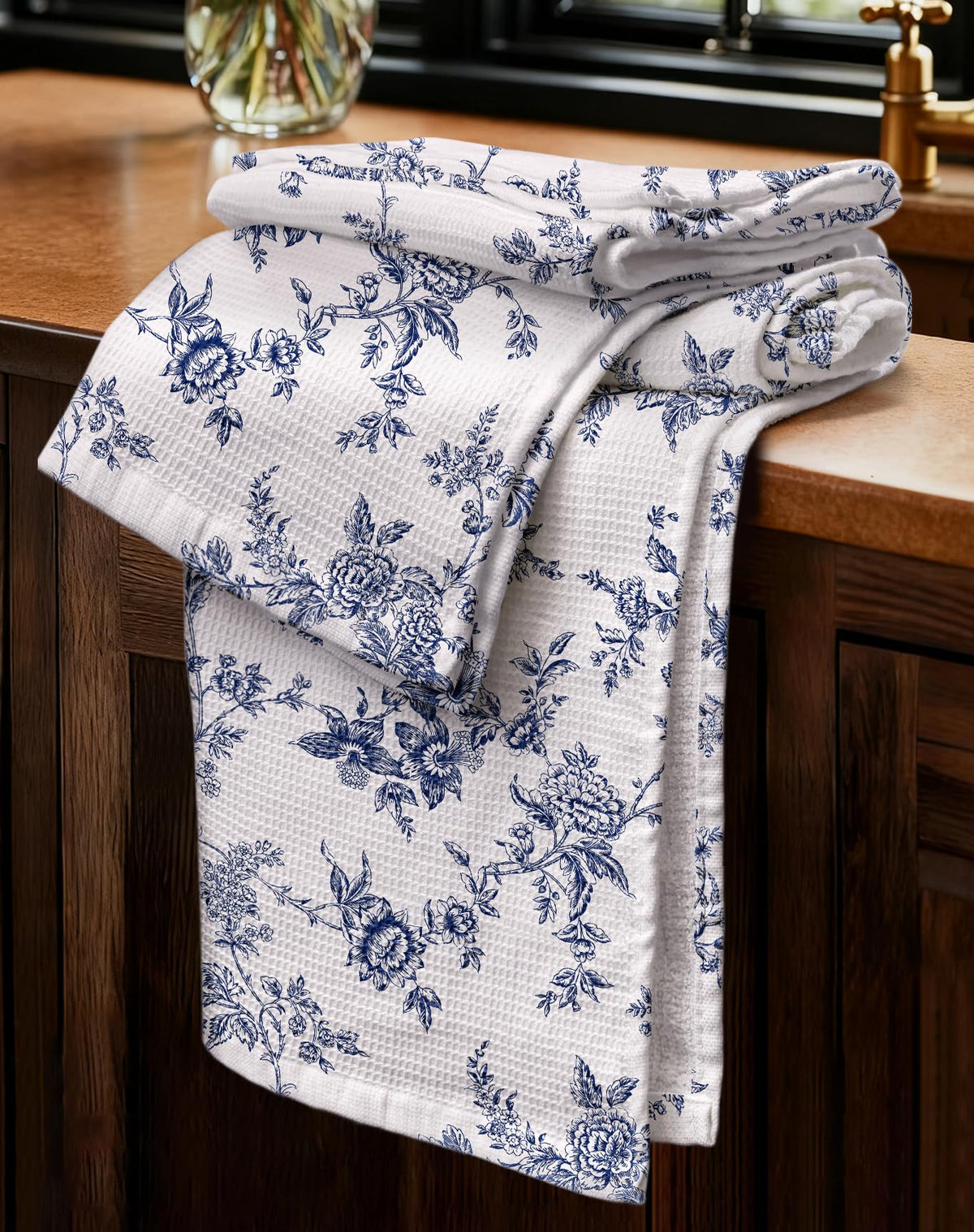 Miss Adola waffle towels with blue flower pattern, absorbent for quick drying.