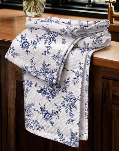 Miss Adola waffle towels with blue flower pattern, absorbent for quick drying.