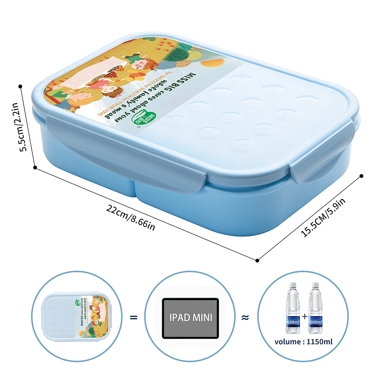 MISS BIG kids lunch box is portable and fits easily in backpacks