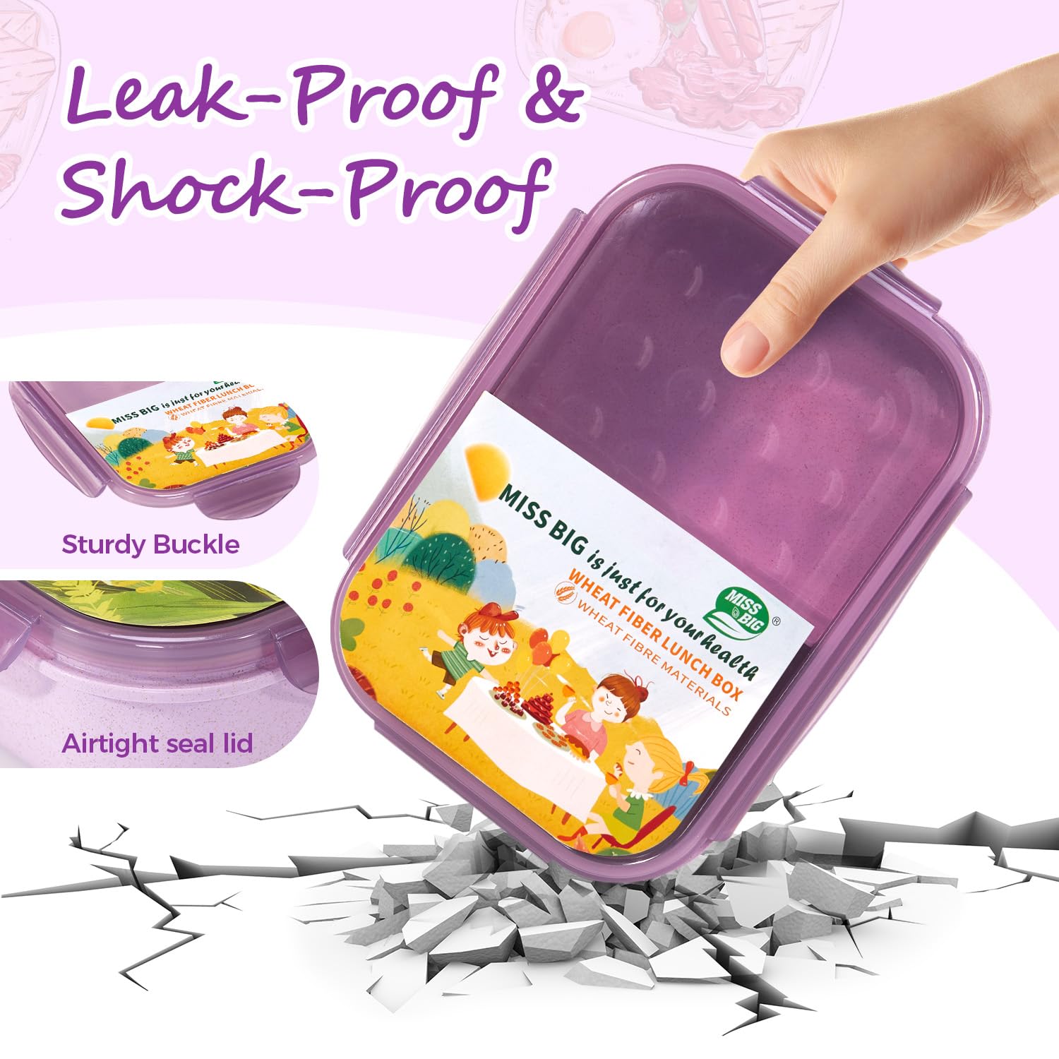 MISS BIG kid lunch box microwave-safe block with lid removed for reheating.