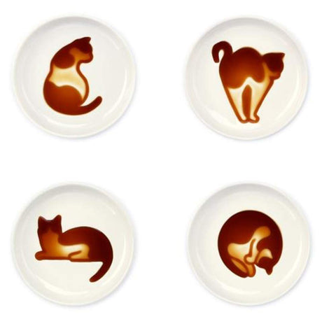 MISS TUTU cat relief dipping dishes 4-piece set, elegant plate for soy sauce and wasabi.