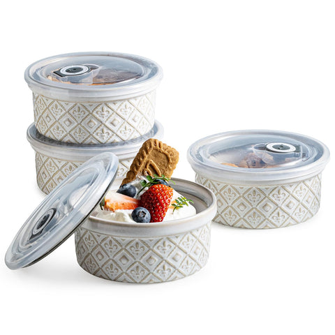 MISSYSSIM soufflé ramekins with lids showing elegant embossed ceramic finish for desserts