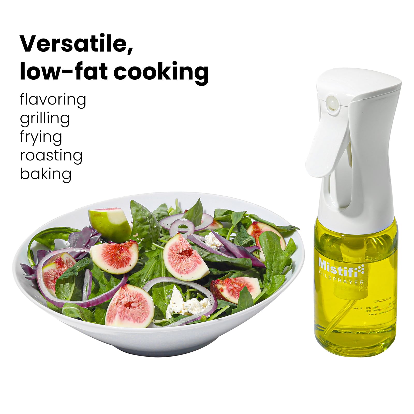 Mistifi Oliver Oil Sprayer works with oils, vinegars, soy sauce, and sauces in cooking.