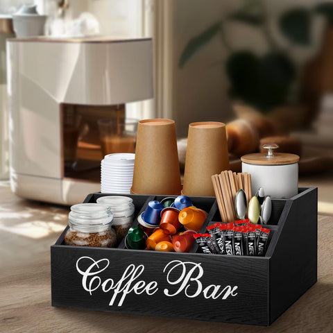 MISTOD Coffee Bar Organizer with 6 compartments keeps pods and sugars organized