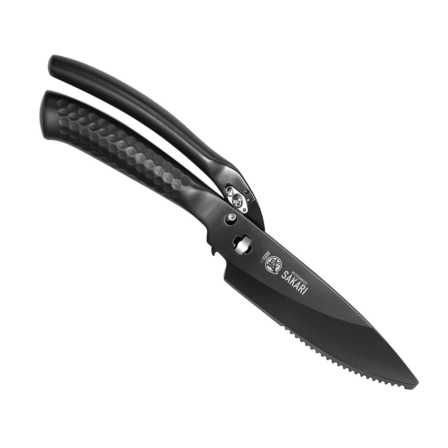 MITSUMOTO SAKARI 10-inch scissors in full view for poultry, meat, and fish prep.