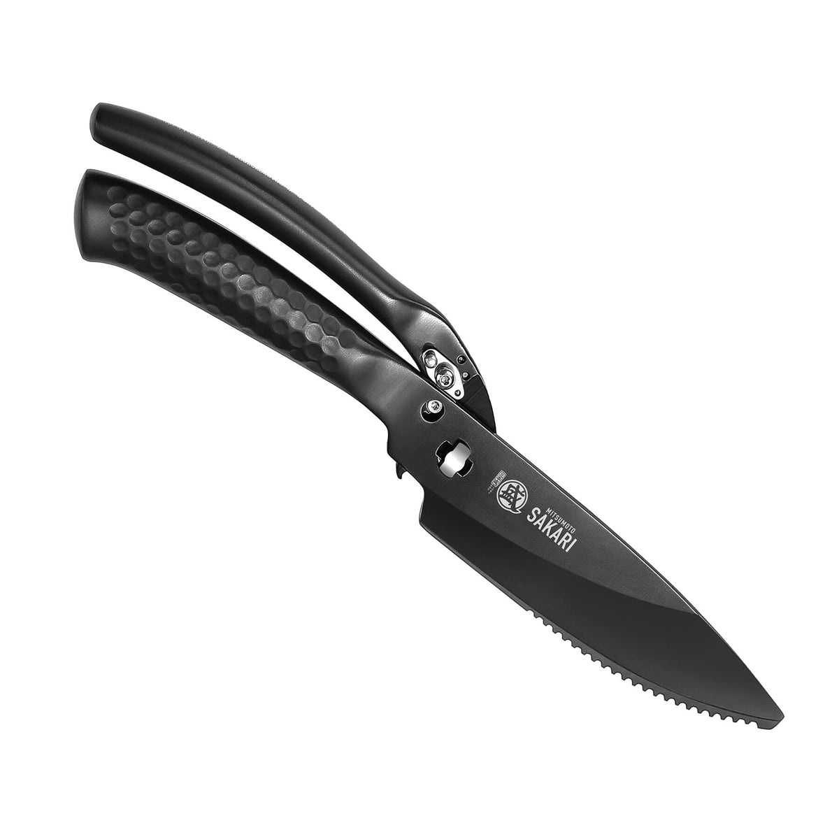 MITSUMOTO SAKARI 10-inch scissors in full view for poultry, meat, and fish prep.