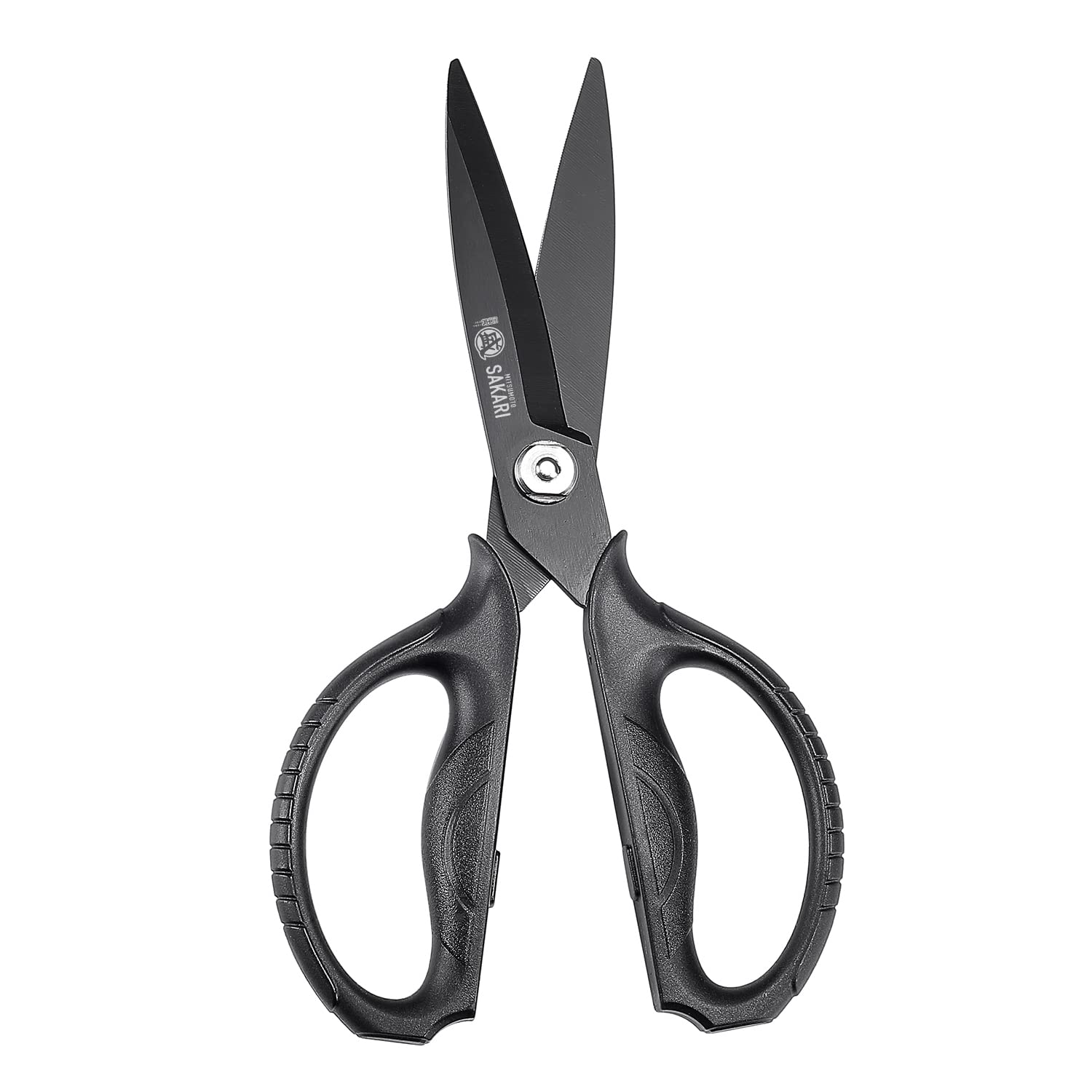 MITSUMOTO SAKARI black titanium kitchen scissors blade close-up for durable, precise cuts.