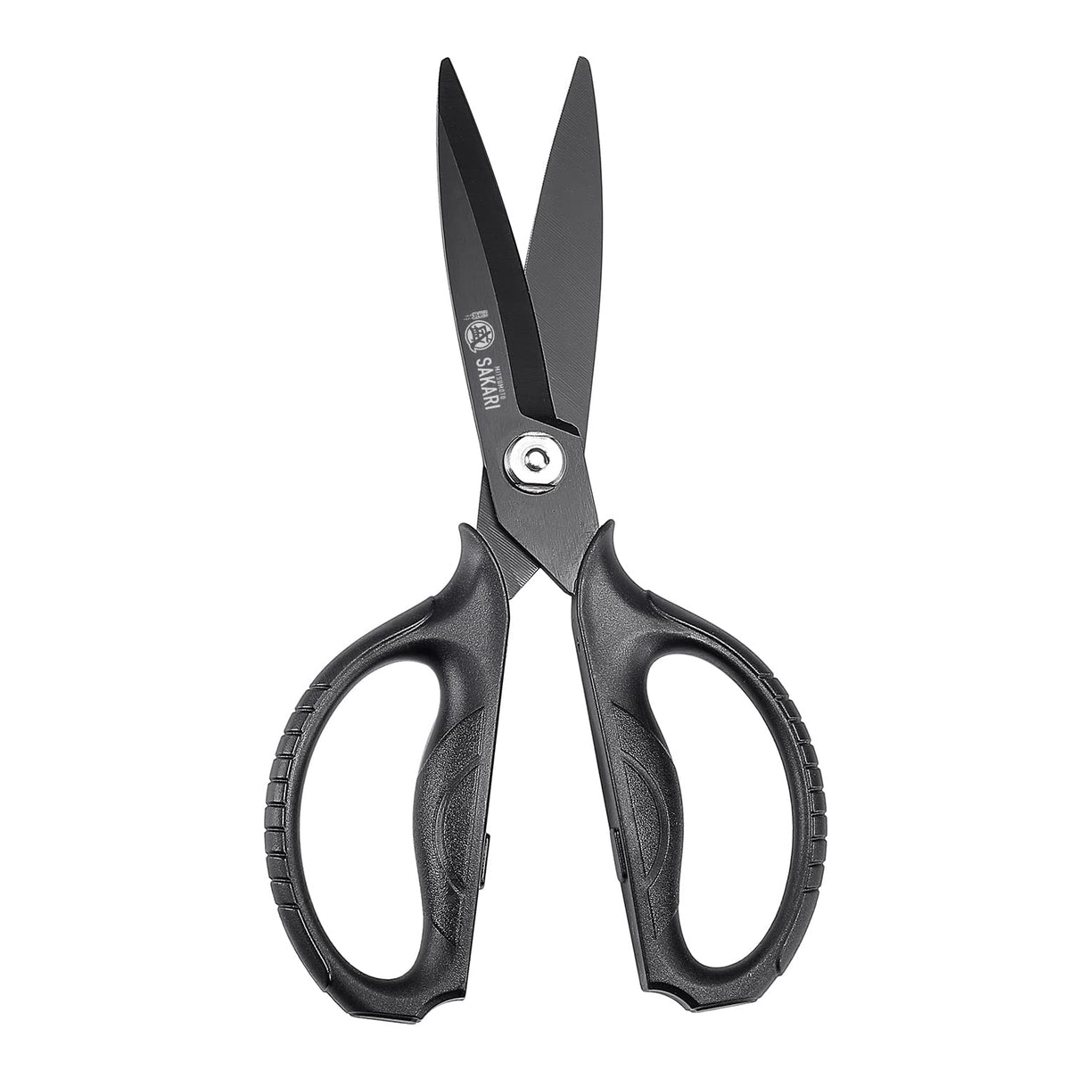 MITSUMOTO SAKARI black titanium kitchen scissors blade close-up for durable, precise cuts.