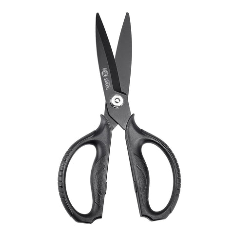 MITSUMOTO SAKARI black titanium kitchen scissors blade close-up for durable, precise cuts.