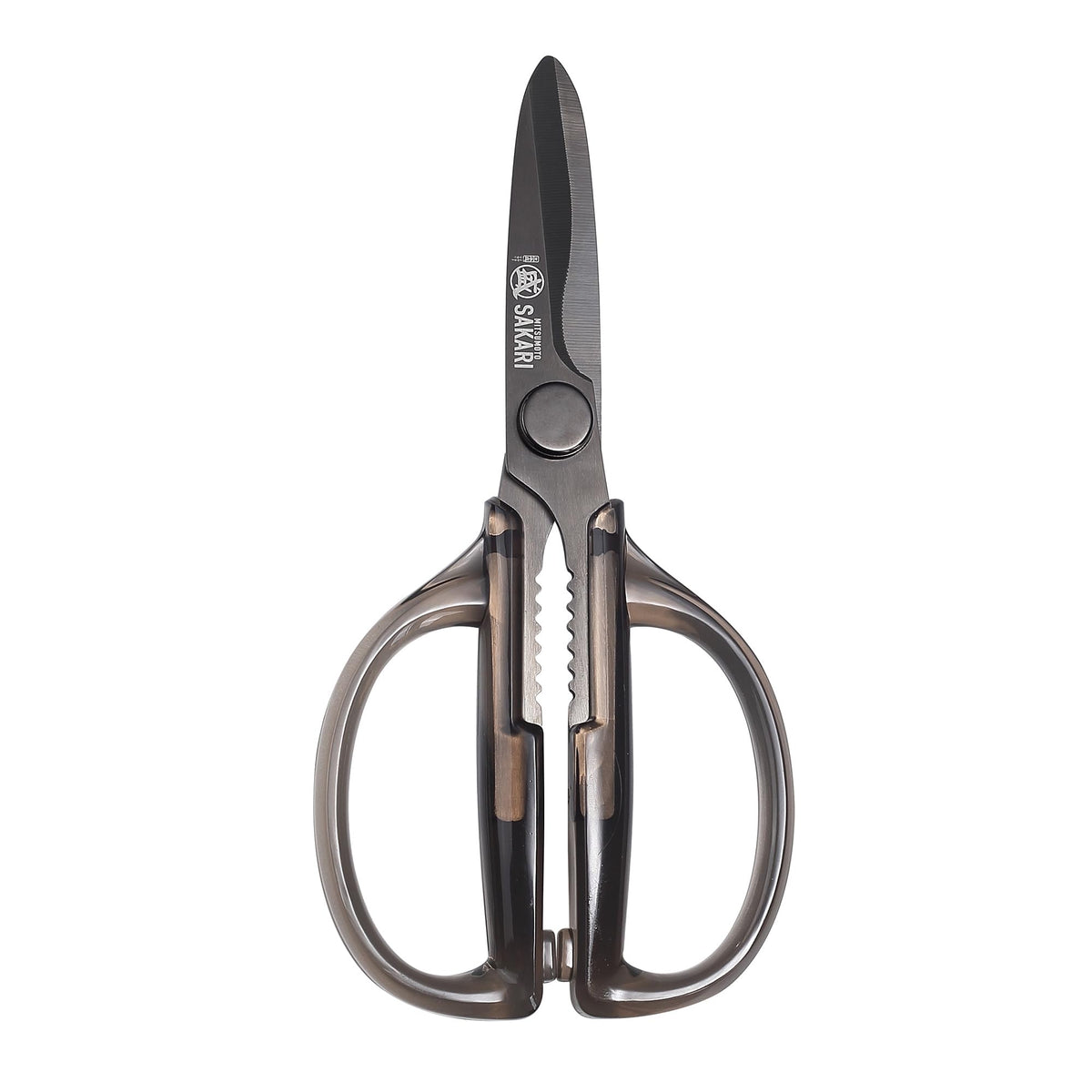 MITSUMOTO SAKARI heavy-duty kitchen scissors blade close for precise cuts.