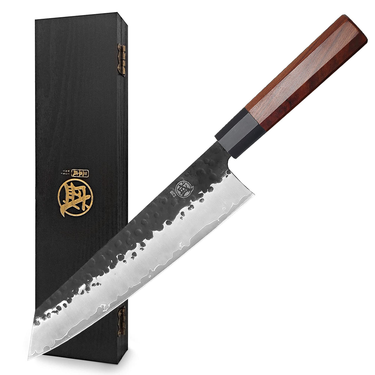 MITSUMOTO SAKARI Kiritsuke blade close-up with hand-forged texture for sharp cuts