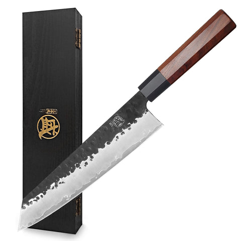 MITSUMOTO SAKARI Kiritsuke blade close-up with hand-forged texture for sharp cuts