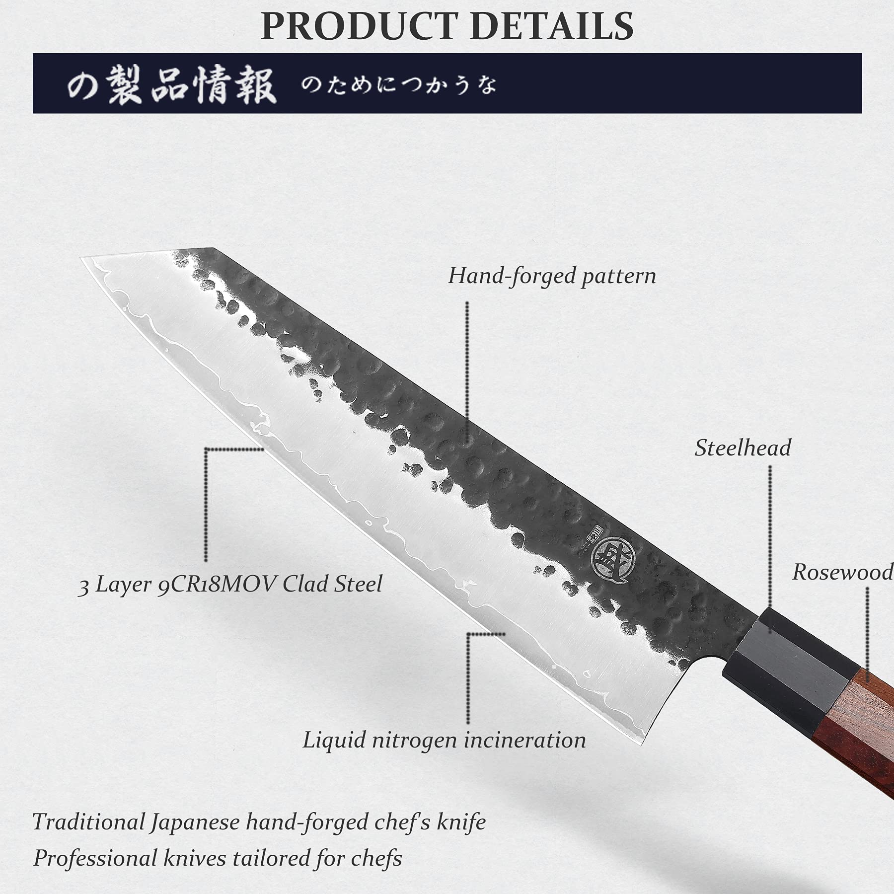 Octagonal rosewood handle on MITSUMOTO SAKARI Kiritsuke reduces wrist strain