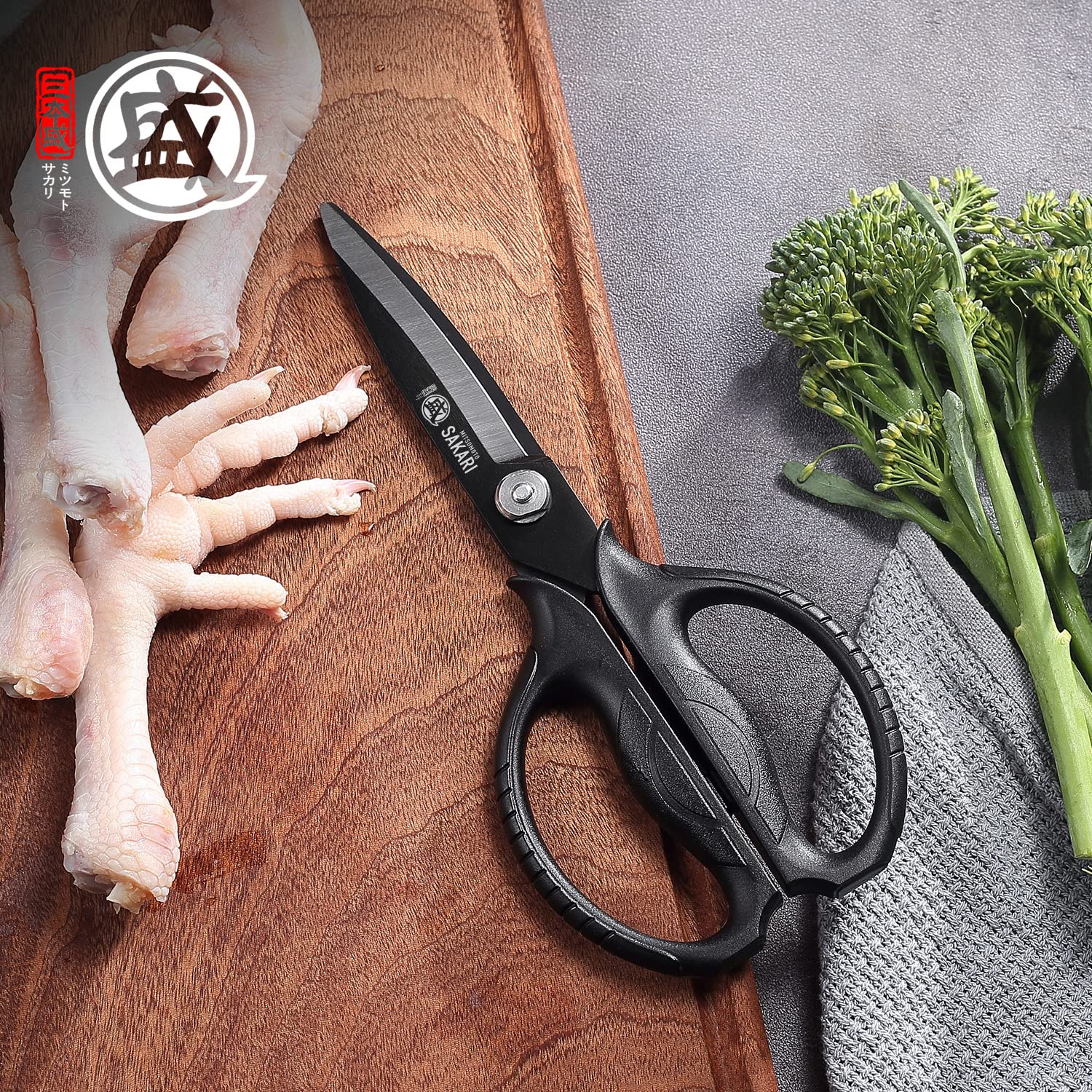 MITSUMOTO SAKARI micro serrated edge provides secure grip during meat and vegetable prep.