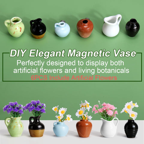 Colorful 3D ceramic vase magnet brightening a fridge and workspace.
