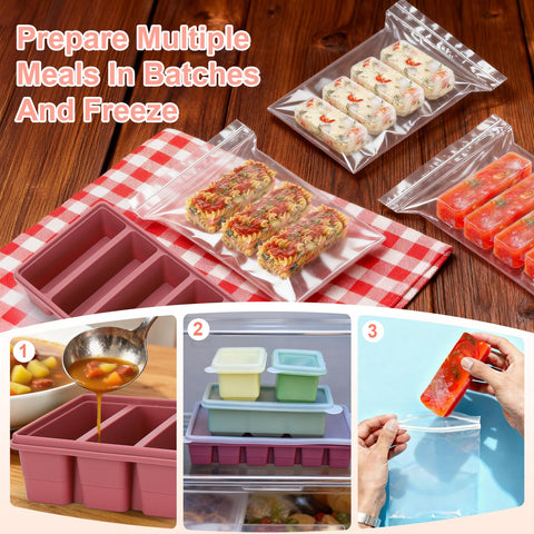 Mity Rain stackable silicone freezer trays saving freezer space.