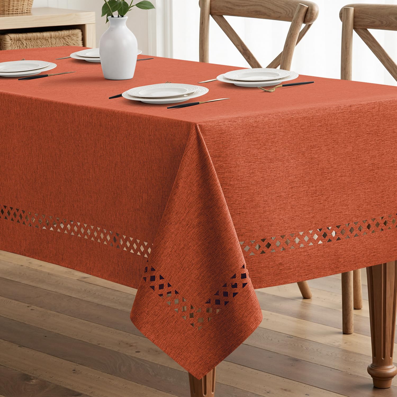 MIULEE burnt orange rectangle tablecloth with ornate cutouts enhances festive farmhouse dining