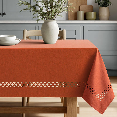 MIULEE burnt orange tablecloth close-up reveals thick faux linen texture and durability