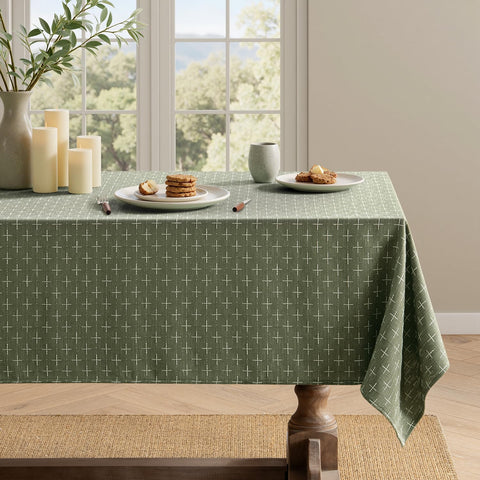 MIULEE olive green linen tablecloth rectangle with cross-star texture offers durable family-dining protection