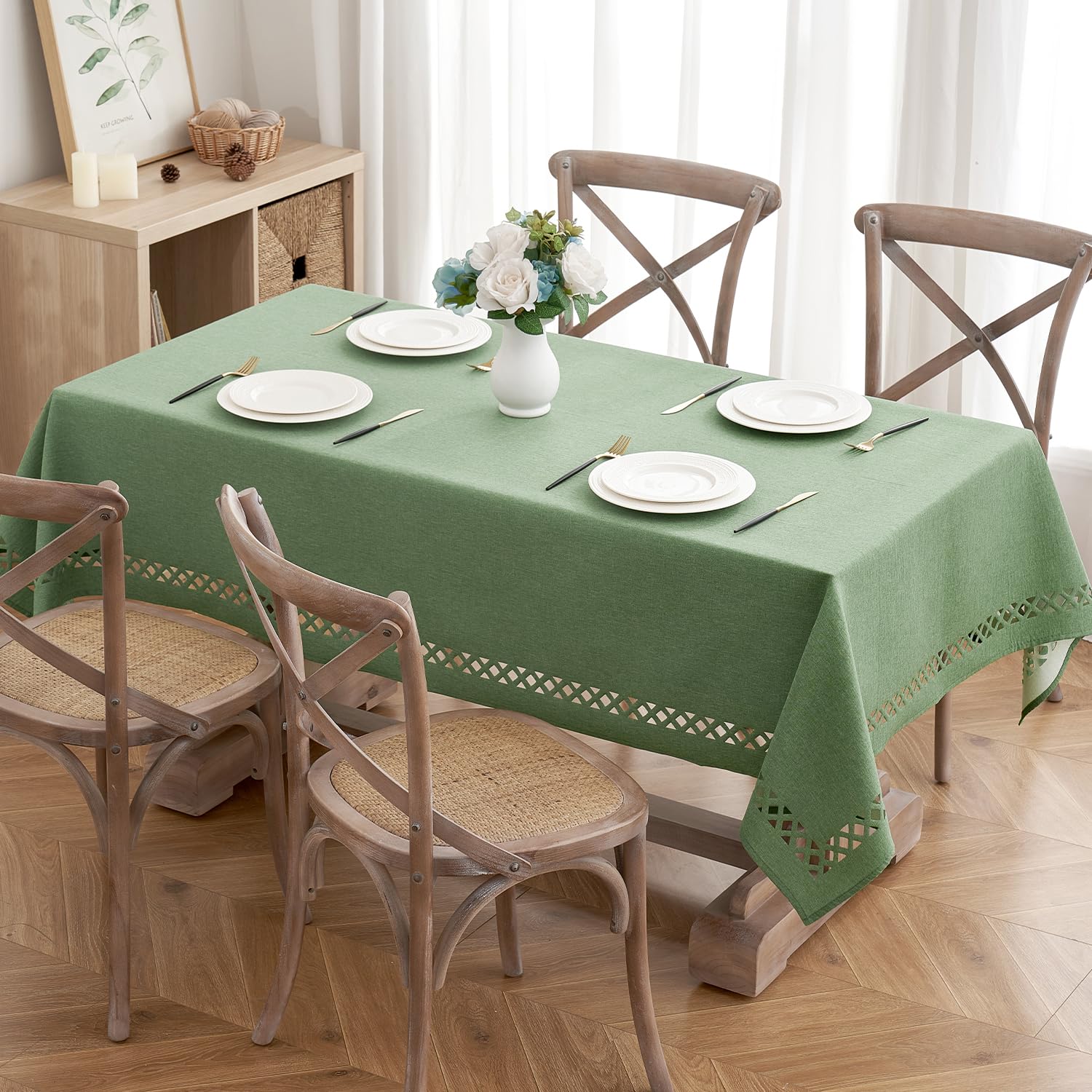 MIULEE Sage Green tablecloth on a dining table for gatherings.