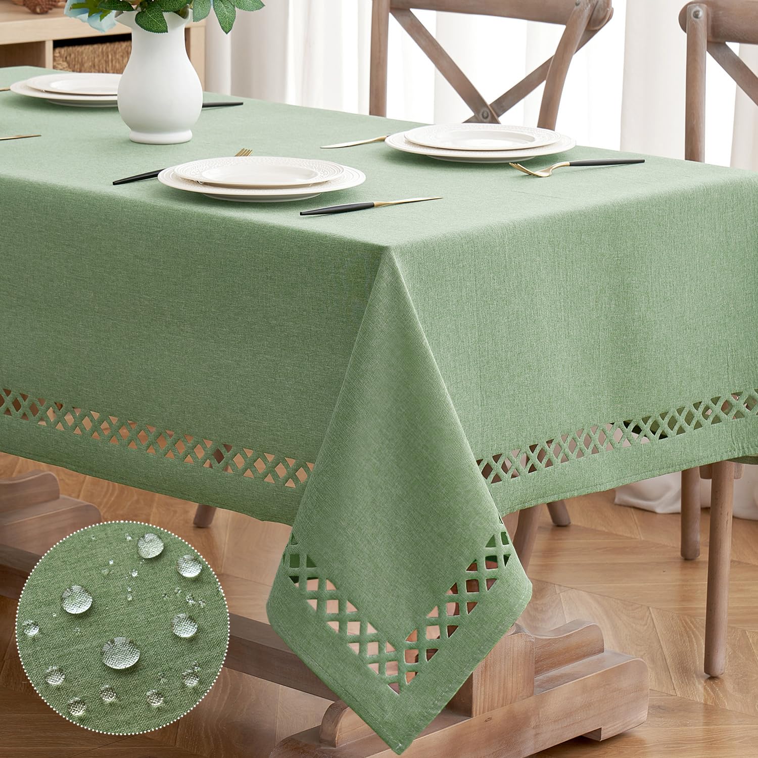 MIULEE Sage Green tablecloth close-up texture showing durable polyester linen feel.