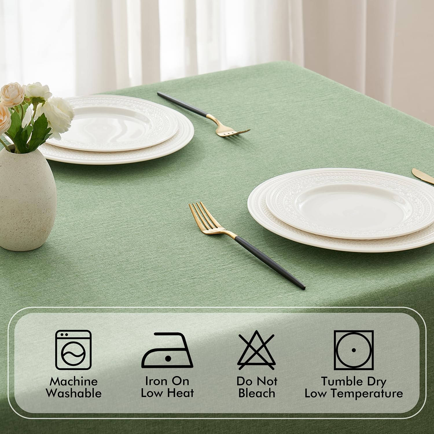 MIULEE Sage Green tablecloth demonstrates water and stain resistance.
