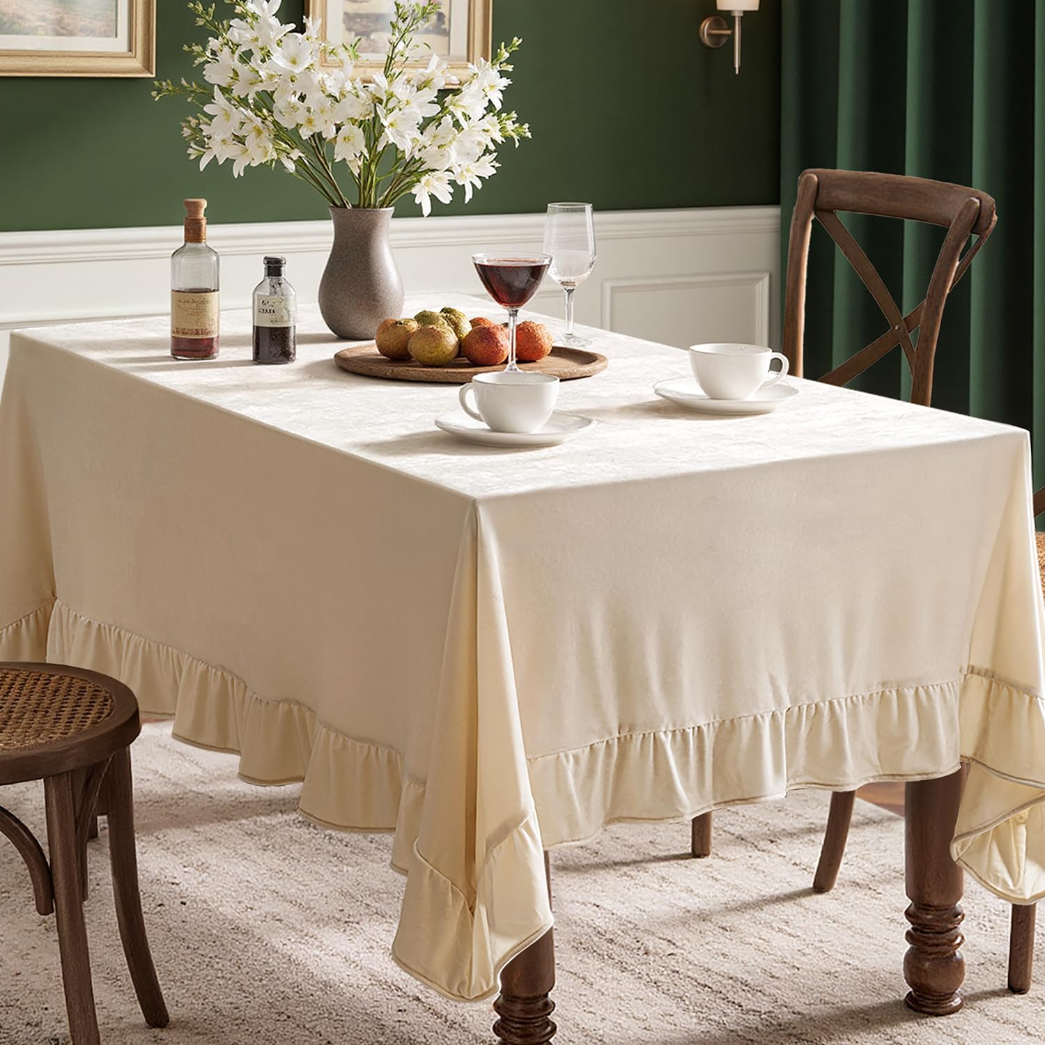 MIULEE velvet tablecloth with beige ruffle edge enhances elegant dining ambiance.