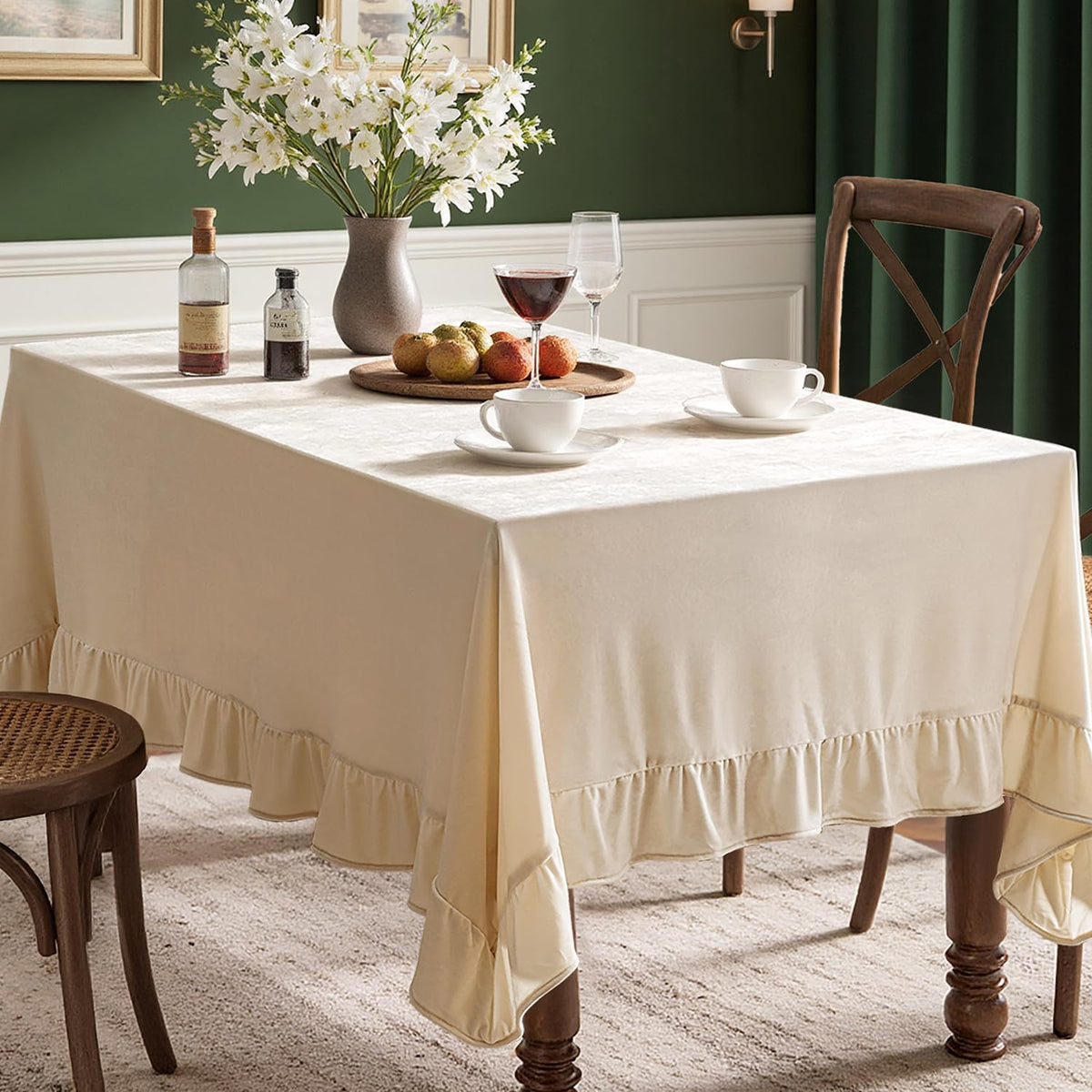 MIULEE velvet tablecloth with beige ruffle edge enhances elegant dining ambiance.
