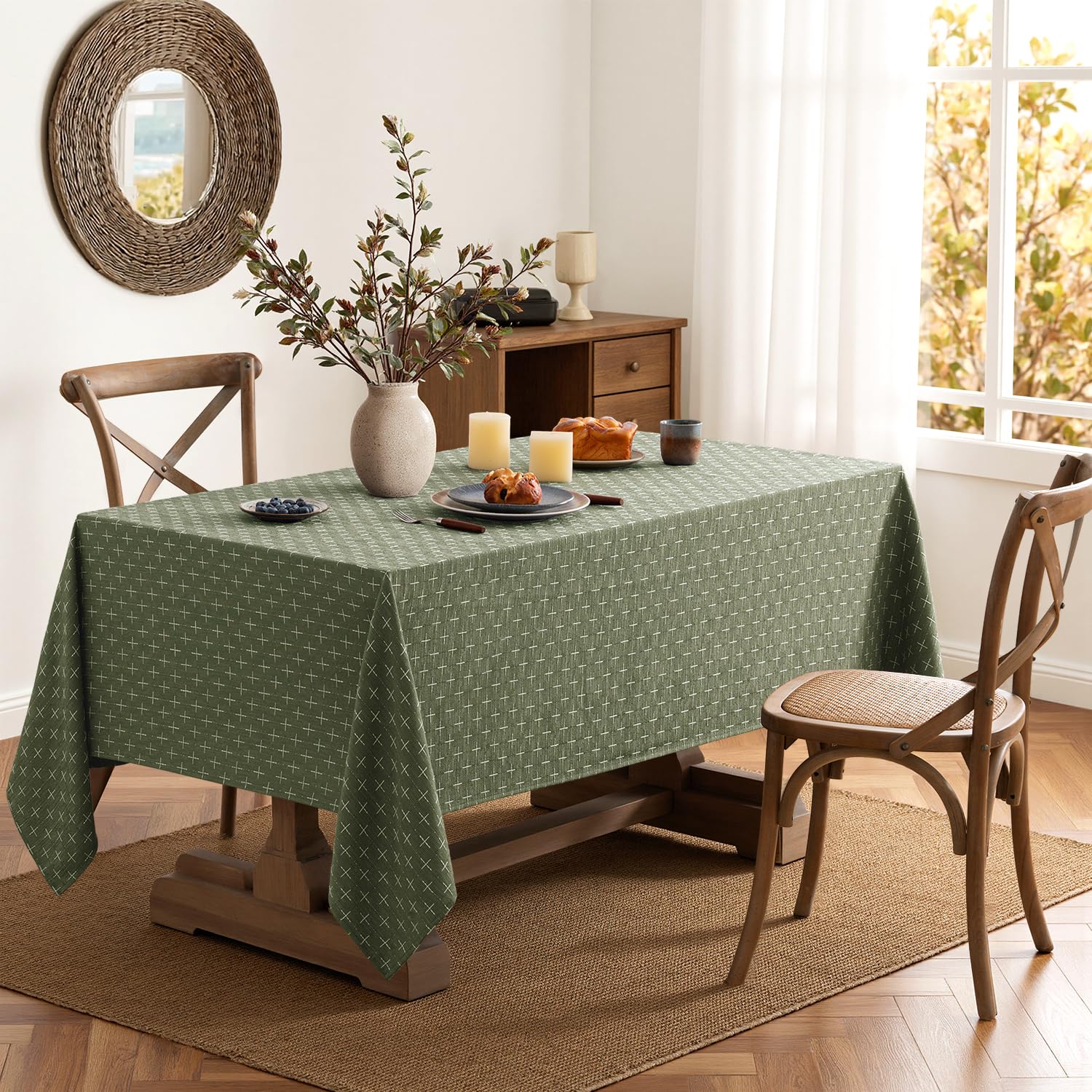 MIULEE olive-green tablecloth with waterproof layer protects surfaces during meals and gatherings