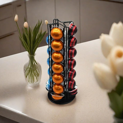 Miuly compact countertop coffee storage frees counter space.