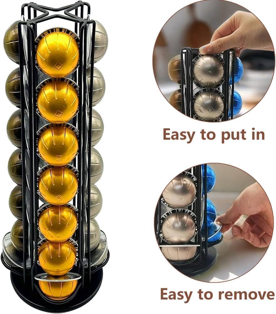 Miuly rotating pod rack holds 28 Vertuo pods for fast selection.