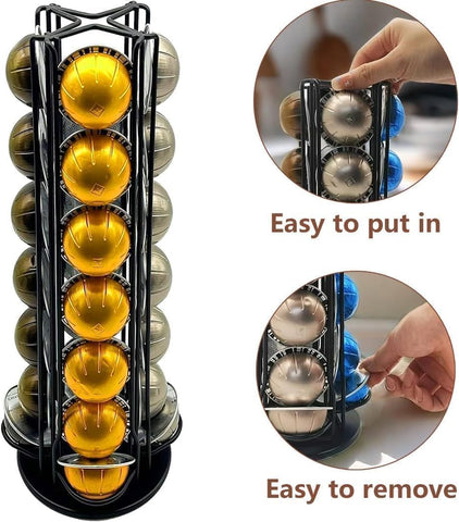 Miuly rotating pod rack holds 28 Vertuo pods for fast selection.
