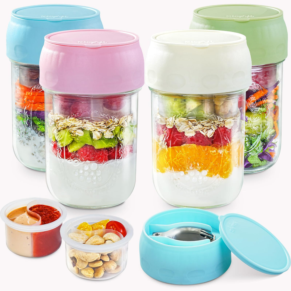 Miuyhji 4-pack glass jars for overnight oats and snacks with secure lids.
