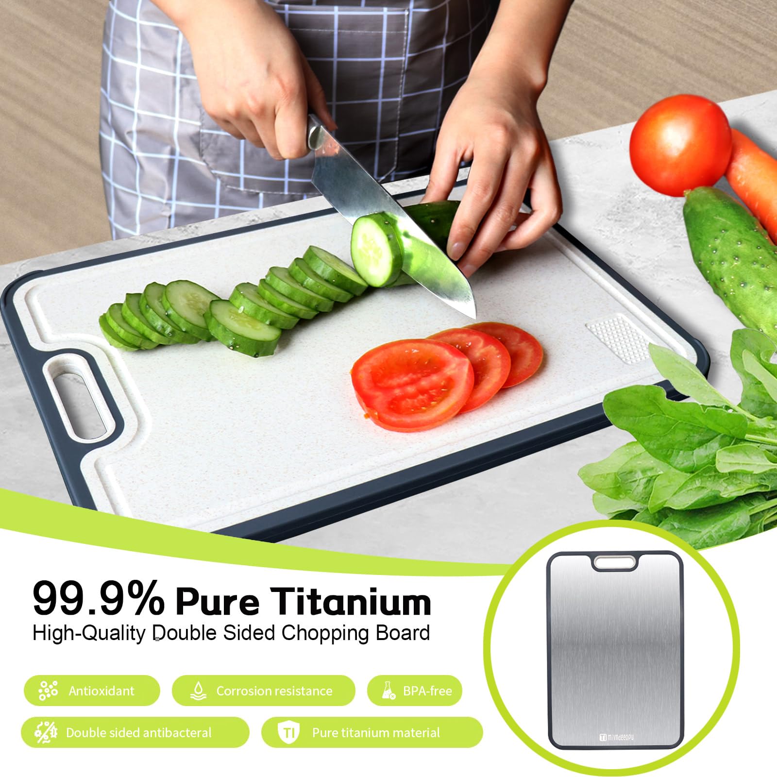 Mivndeeopu double‑sided cutting board designed for meat and produce prep.